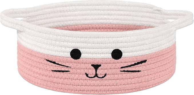 Small Woven Rope Cat Toy Basket with Cat Face Design, White Pink | 9.8" x 4" Cute Toy Storage Bin for Girls' Living Room & Nursery, Baby Gift Baskets Empty with Sturdy Handles