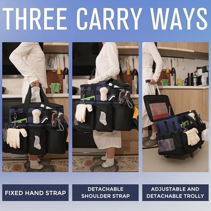 SCAVATA Rolling Cleaning Caddy Bag with Detachable Trolley, Large Cleaning Supplies Organizer with Wheels, Multi-Pocket Cleaning Cart with Adjustable Shoulder Strap for Housekeepers (NavyBlue)