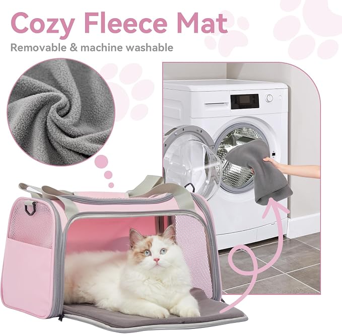 Petsfit Cat Carrier Airline Approved, 17.5×10.5×10.5 in, Pink | Escape-Proof Design with Locking Zippers & Safety Leash, Easy-Access 3-Way Entry, Washable Mat up to 12 lb