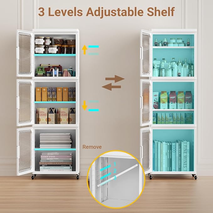 BROVIEW 3-Tier Tall Narrow Storage Cabinet 14.6” Wide, Slim Bathroom Cabinets with Adjustable Shelves and Doors, Plastic Kitchen Pantry Organizers and Storages for Small Space, Laundry, White
