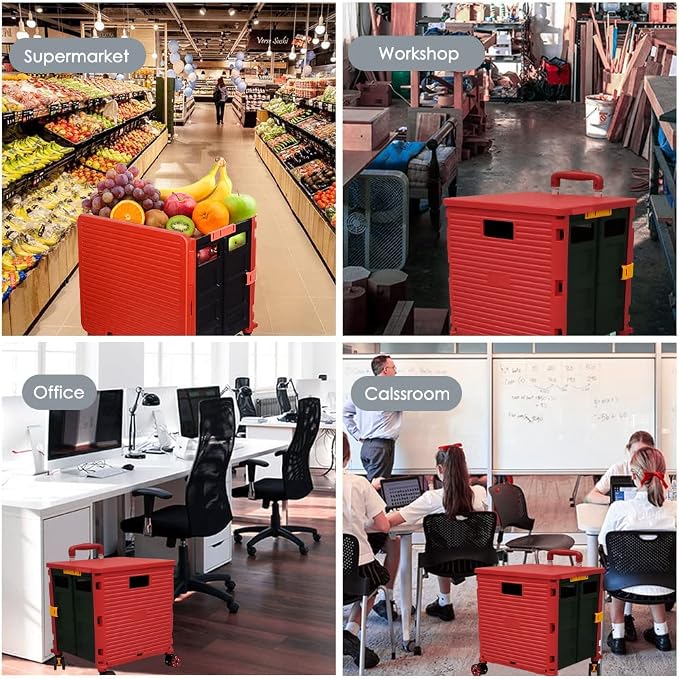 Foldable Utility Cart Portable Collapsible Crate Rolling Carts with Wheels Rolling Tote Basket Teacher Cart with Lid Wear-Resistant 360°Rotate Wheel Noiseless for Shopping Storage Office Use