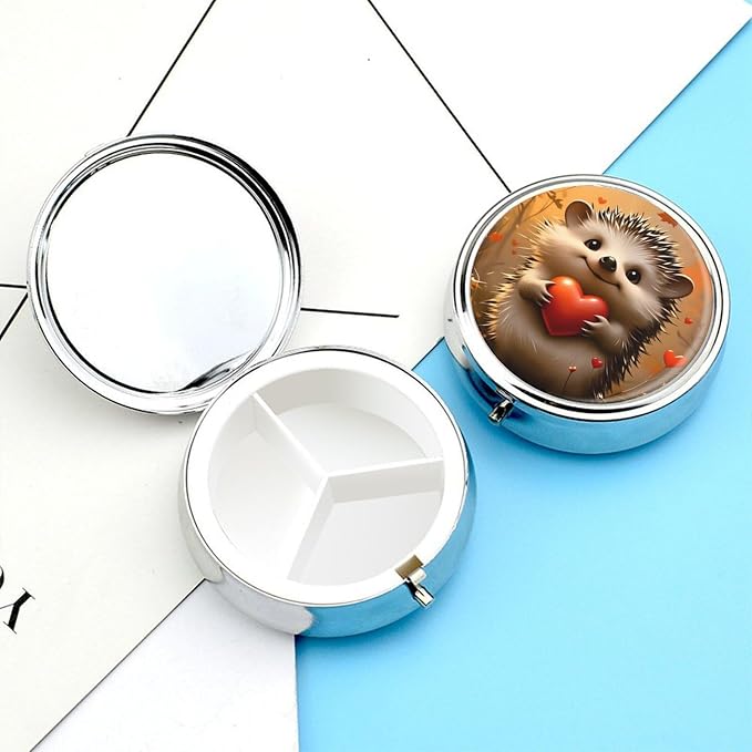 Hedgehog Heart Autumn Metal Round Pill Box, 3 Compartment Travel Organizer, Portable Pill Container with Secure Latch, 2 Inch Circular Vitamin Caddy for Pills and Vitamins, Gift for Him Her Elderly