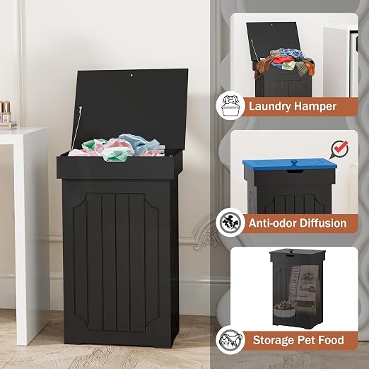 Function Home Trash Can Cabinet, 13 Gallon Kitchen Garbage Can, Wood Recycling Trash Bin, Freestanding Dog Proof Trash Can, Farmhouse Trash Cabinet with Lid for Home Kitchen Bathroom, Black