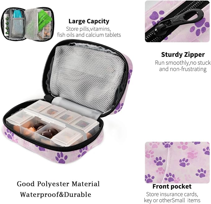 Fustylead Cute Pink Purple Dog Cat Paw Prints Pill Organizer and Storage Weekly with Zipper, Removable Pill Box Portable Medicine Organizer for Vitamin Fish Oil Supplement