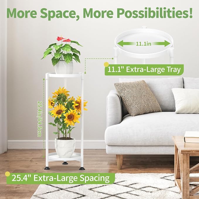 KMOTASUO 2 Tier Metal Plant Stand Tall for Indoor Outdoor Corner, White | Heavy Duty Flower Holder Rack, Modern Vertical Iron Shelf for Patio Bathroom Office Garden