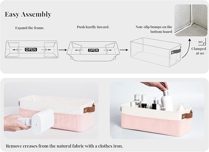 StorageWorks Narrow Fabric Storage Bins, Pink and White, 2-Pack | With Metal Frame, Sturdy Structure, Reinforced Handles, Toilet Paper Storage, Small Storage Bins for Bathroom, Closet, Shelf