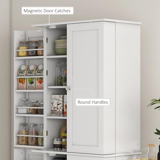 HOMCOM 65" Kitchen Pantry Storage Cabinet 16 Door Shelves White | Freestanding Kitchen Cabinet, 4 Doors, 8-Tier Shelving, Adjustable Shelves