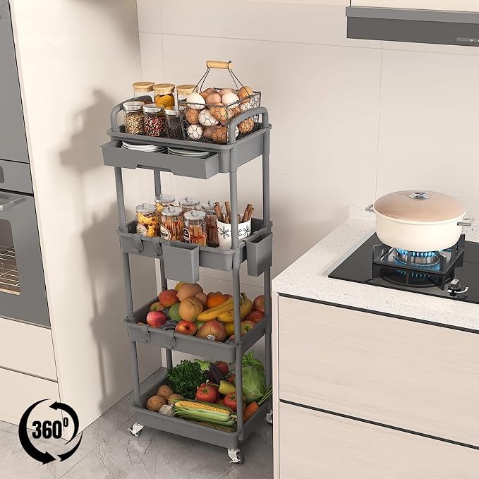 4 Tier Rolling Utility Cart with Drawer, Plastic Storage Organizer Rolling Carts with Wheels Handles Hanging Cups Hooks for Office, Bathroom, Kitchen,Craft Art Room (Grey)