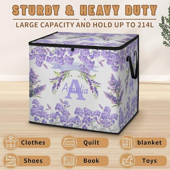 Custom Comforters Storage Basket with Lid, Personalized Name Large Organizer Bin for Clothes, Perfect for Rooms, Watercolor Purple Lavender Florals