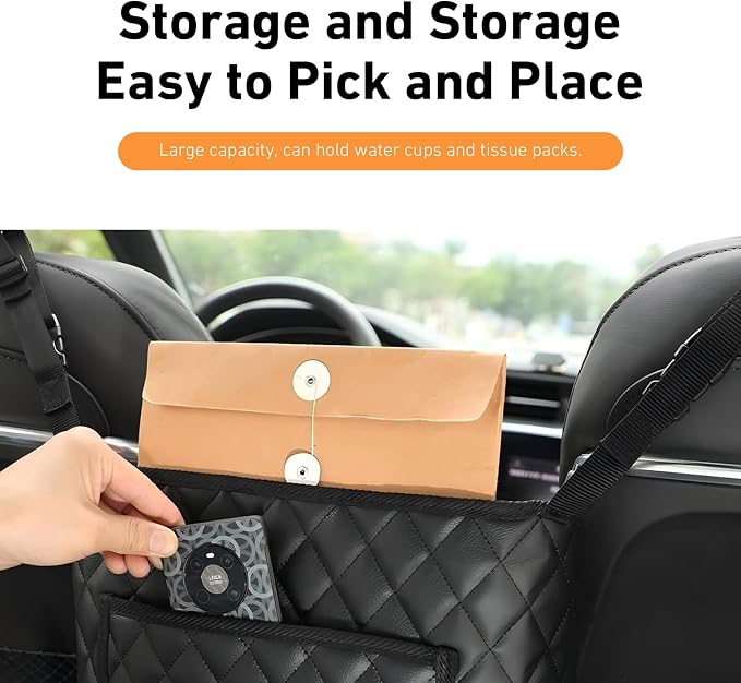 1 PC Car Purse Holder Between Seats, Front Seat Large Capacity Leather Storage Bag, Multi-functional Backseat Barrier Organizer, Auto Console Pocket, for Most Cars, Kids, Pets (Black #A)