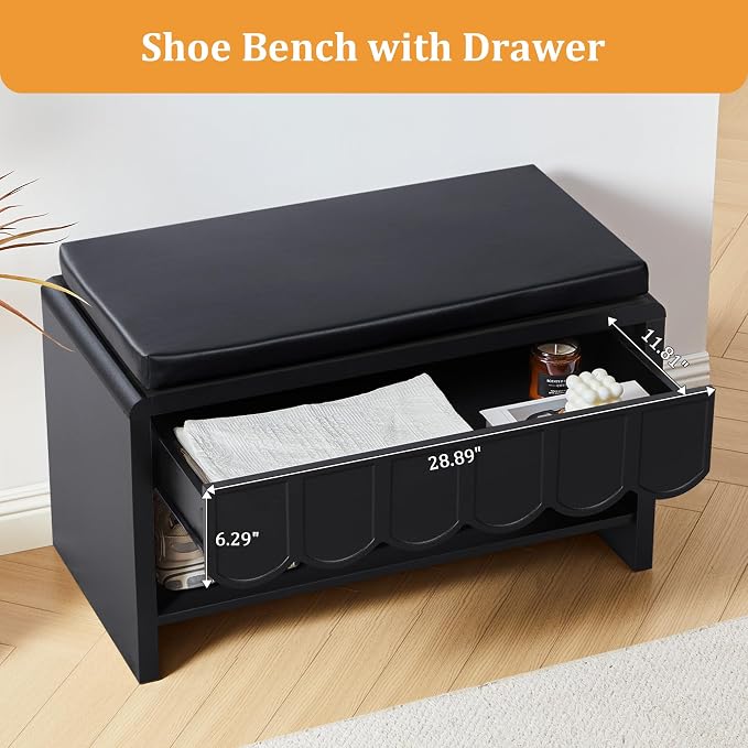 ORRD Shoe Storage Bench with Cushion, Shoe Rack Organizer Cabinet Bench with Wave Panel Drawer and Open Shelf for Entryway, Hallway, Living Room (Black)