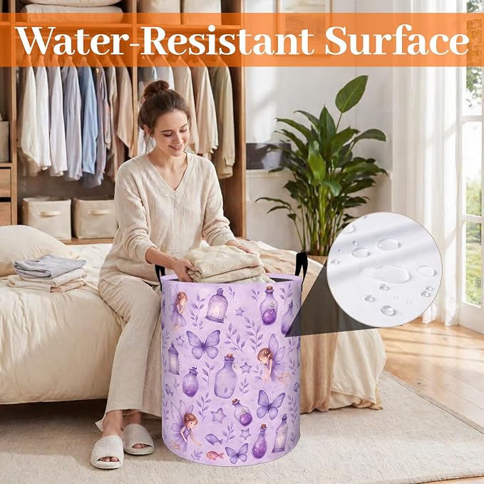 Fairy Laundry Basket, Cute Angel and Purple Butterfly Oxford Cloth Dirty Clothes Collapsible Hamper for Room Decor, Fantasy Gifts, Toy Organizer 19.7 x 15.7 Inches for Bedroom Bathroom Dorm