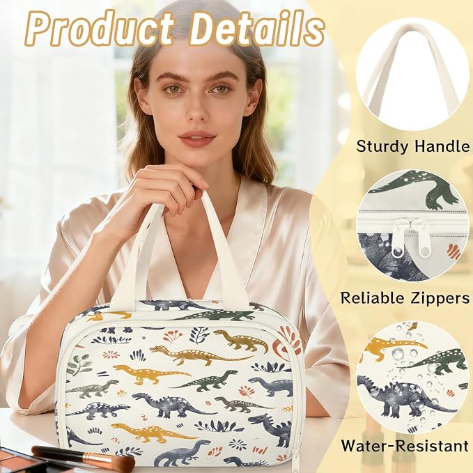 Cute Dinosaurs Footprints Travel Toiletry Bag with Handle | Wet & Dry Separation, Full-Size Bottle Friendly, Leak-Proof, Waterproof, Easy to Clean, for Travel, Gym, Home