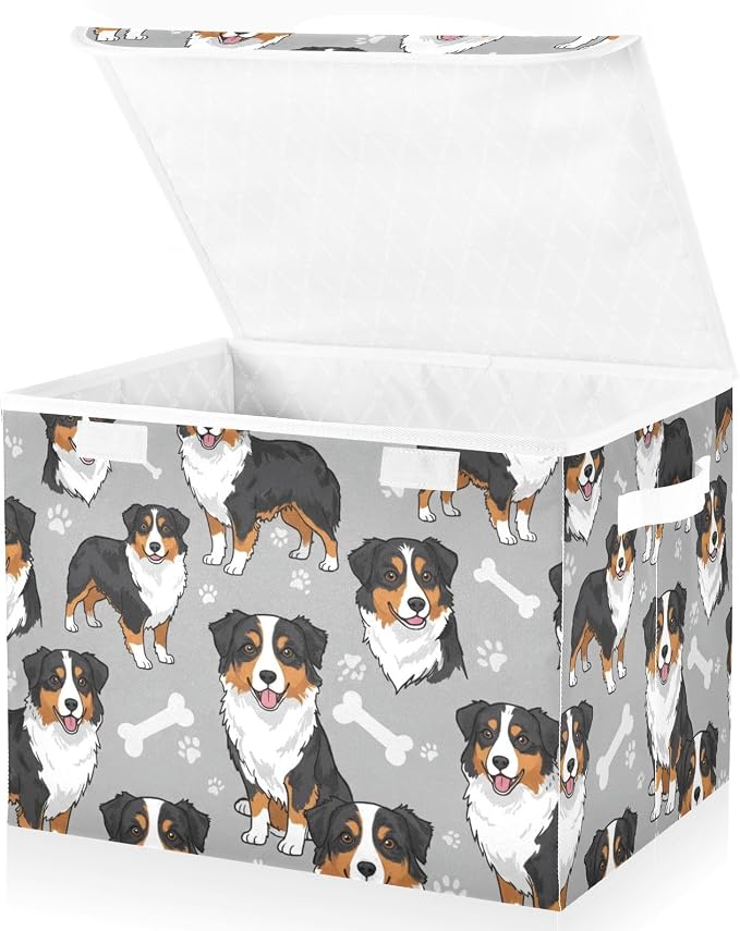 Dog Bone Paw Print Storage Bins with Lids Closet Bedroom 40L Fabric Bin | Decorative Storage Boxes, Foldable & Stackable, Dust-Proof Flip Top, Reinforced Handles, For Home & Dorm, Clothes & Toy Box