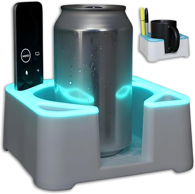 MugBrick™ Glowing Cup Holder. Anti-Spill Drink Caddy for Couch. Desktop Cup Holder Organizer. Portable Mug Holder. Dishwasher Safe Drink Tray. White + Blue Glow