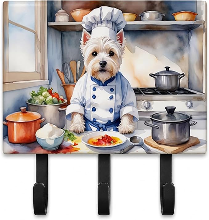 Caroline's Treasures Westie The Chef Leash or Key Holder Wall Hooks, Key Hooks Holder, Coat Rack Wall Mount, Coat Hooks, Hooks for Hanging Keys, Towels, Aprons, Leashes | Westie The Chef artwork on ceramic tile with three steel hooks for keys, leashes,...