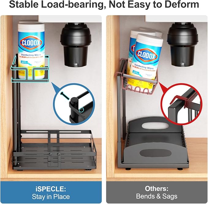 iSPECLE Under Kitchen Sink Organizer - L-Shaped Pull Out Shelf, 2 Pack | L-Shaped Fit Around Garbage Disposal, Adjustable Shelves, Pull Out Access, For 30-36 Inch Sink Cabinet, 2 Pack Black