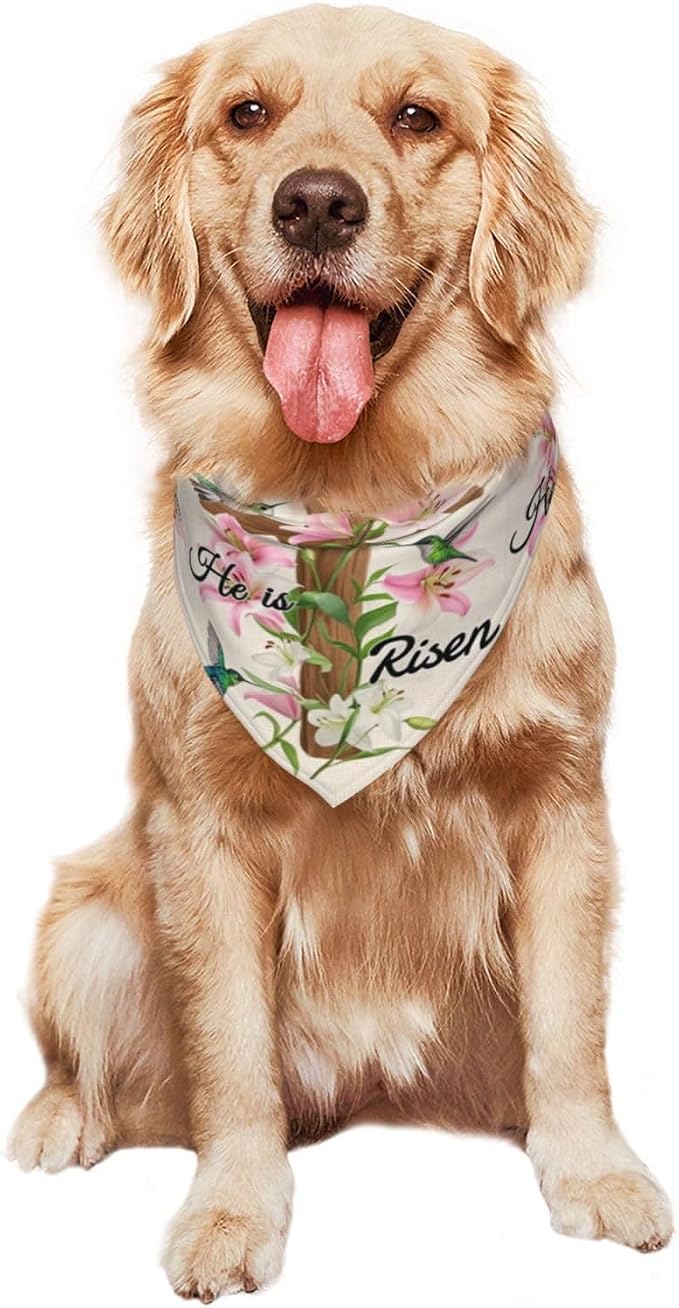 Easter Sunday Religious Cross Christian He is Risen Flower Pet Triangle Scarf for Dogs & Cats, Polyester Decorative Scarf, Adjustable Cute Pet Bandana for Daily Wear & Photo Shoots