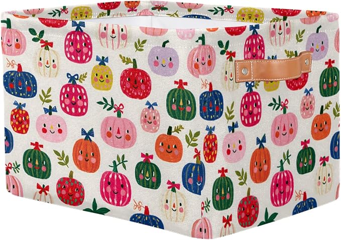 Pardick Autumn Basket Storage Bins Rectangle Canvas Basket Cube Storage Box | Nursery Foldable Basket with Handle for Kids Girls Boys Toys Living Room Closet Organizer Shelf Gifts Fall Decor (132)