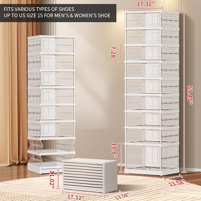 CIMLORD 9-Tier Foldable Shoe Rack, Magnetic Clear Doors, 18 Pairs, White | Collapsible Narrow Plastic Shoe Cabinet, Stackable, Lidded, Tool-Free Assembly, Fits Boots & Sneakers, Closet & Entryway