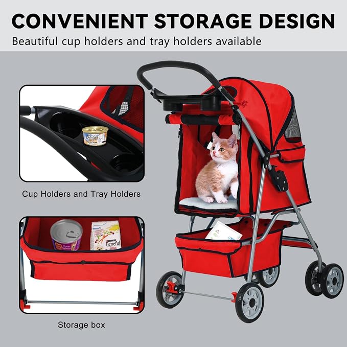 4 Wheels Pet Stroller, Ideal for Small to Medium Pets. Features a Folding Design, Waterproof Construction, Cup Holder, and Removable Liner. Perfect for Jogging or Traveling with Your Pets (Red)