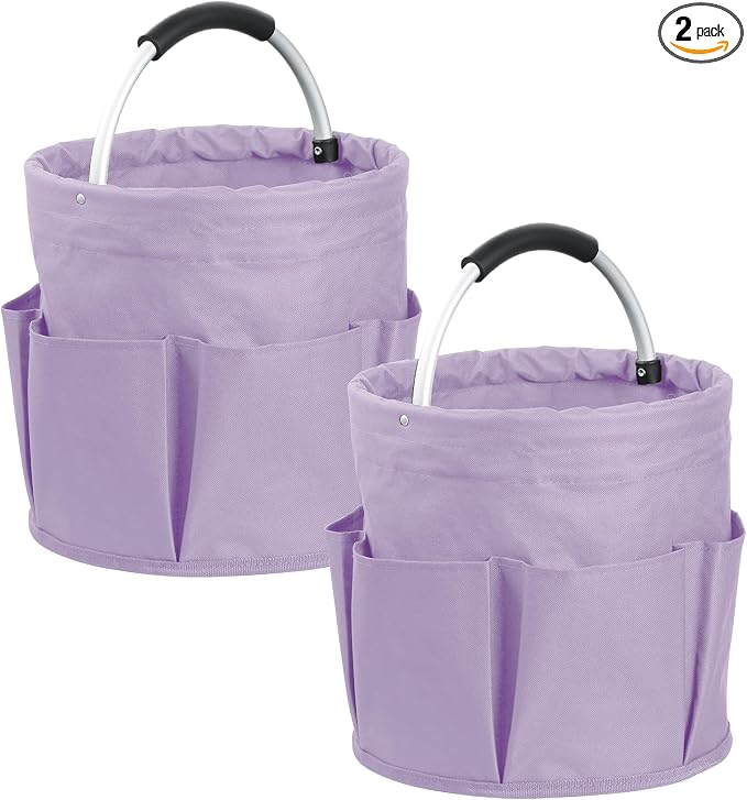 2Pcs 17L Collapsible Cleaning Supplies Caddy with Handle for Travel, Purple | IHOMAGIC 6-Pocket 600D Oxford Shower Caddy & Storage Organizer, Portable Tote for Cleaning Gardening