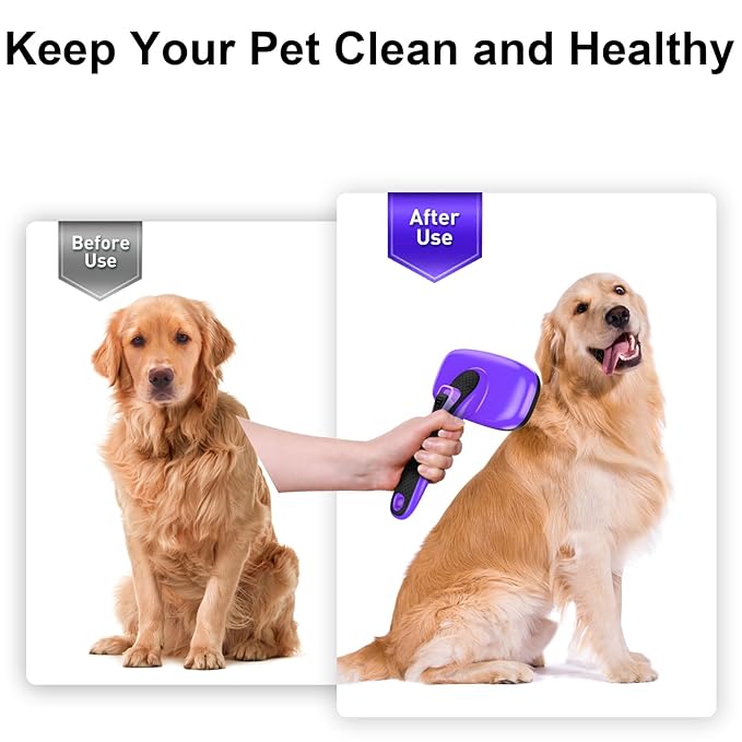 Self Cleaning Slicker Brush for Dog, Cat, Skin Friendly Shedding & Grooming Tool for Long and Short Haired Pets, Easy Clean Retractable Bristles, Purple