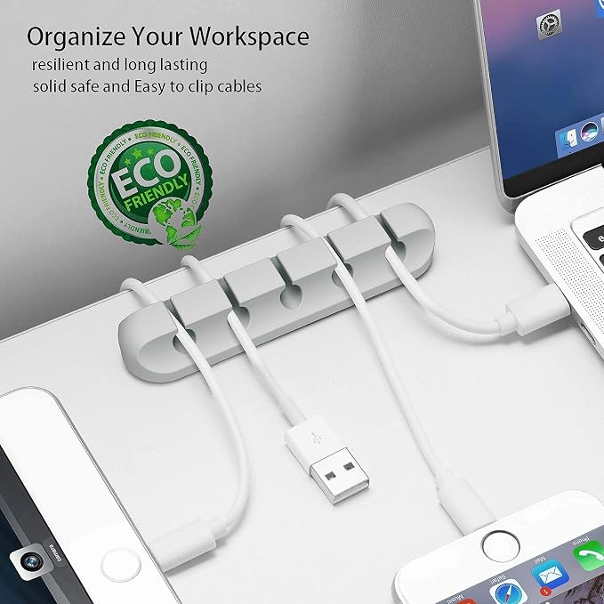 Desk Accessories for Charging Organizer - 5 Packs Grey Computer Desk Accessories and Adhesive Cord Organizer for Cable Holder Cleans Up Messy Wires at Home, Car and Office (7-5-3-1-1 Slots) | Silicone cable management clips self adhesive for nightstand...