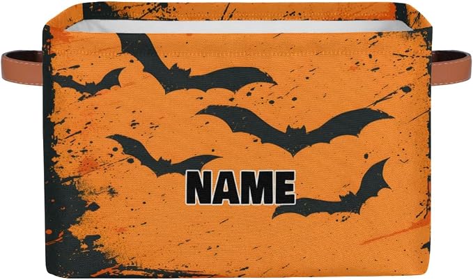 Personalized Storage Bins for Boys, Customized Name Watercolor Ink Orange Black Bat Storage Basket Rectangle Clothes Organizer for Organizing Kids and Pets Toys Shelf Closet
