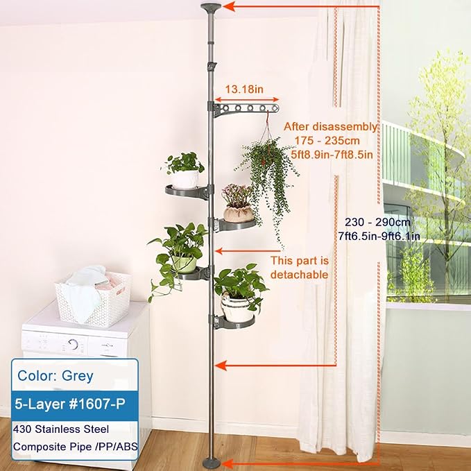 BAOYOUNI Plant Stand 5-Tier Tension Rod Pole Flower Holder Rack ，Grey | Indoor Vertical Garden Shelf，Space-Saving Corner Organizer,Adjustable Height for Flower Display Rack 4 Trays&1 Hook
