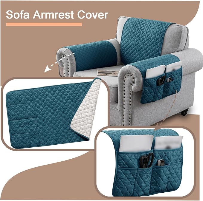 Water-Resistant Sofa Armrest and Headrest Covers with Side Pocket | Keep remotes close quilted polyester helps guard against wear, pet scratches, and kids' messes silicone backing adds grip