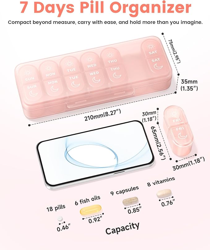 Pillex Weekly Pill Organizer 2 Times a Day, Daily AM PM Pill Box Case 7 Day with Large Openings for Easy to Use, Travel Medicine Container for Medication, Vitamins, Supplements - Pink