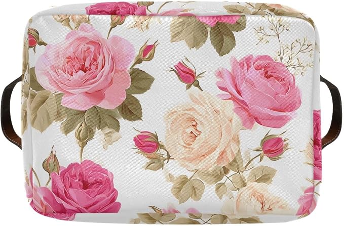susiyo Large Foldable Storage Bin Floral Pink Roses Fabric Storage Baskets Collapsible Decorative Baskets Organizing Basket Bin with PU Handles for Shelves Home Closet Bedroom Living Room-1Pack