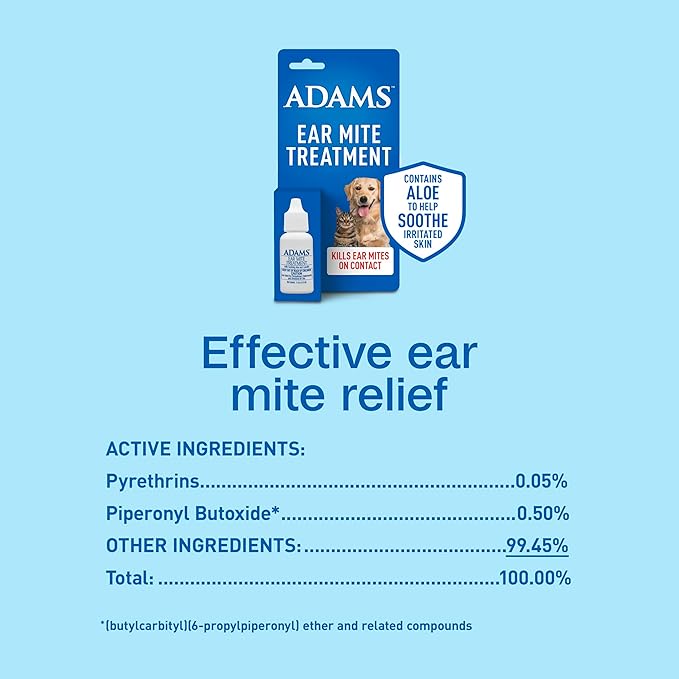 ADAMS Ear Mite Treatment for Dogs, Cats, Puppies & Kittens, Kills Ear Mites On Contact, Ear Drop Relief for Dogs and Cats Suffering from Ear Mites, Soothing Aloe and Lanolin Formula, 0.5 Fl oz
