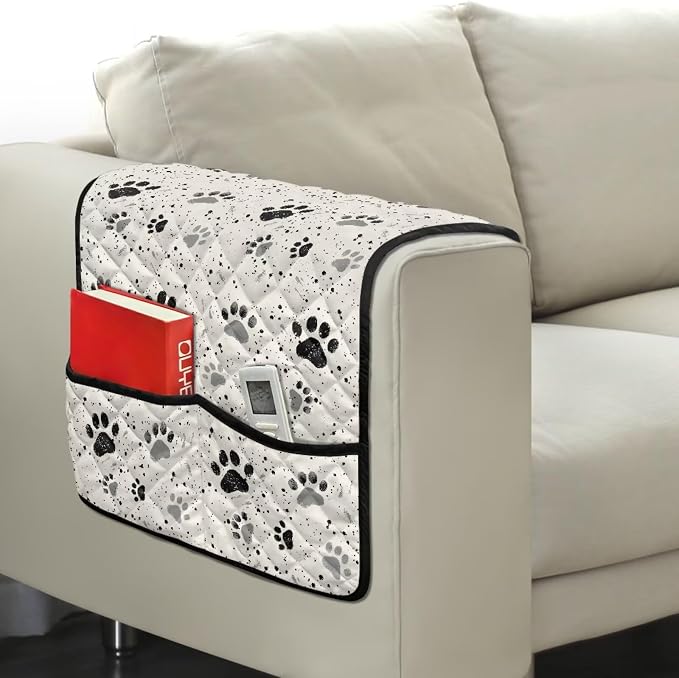 Dog Paw Chair Arm Protectors with Two Pockets Stretch Couch Armrest Cover,Arm Rest Covers for Sofa,Dustproof Soft Armchair Covers for Arms Wasahble Sofa Arm Slipcover