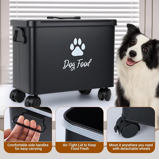Dog Food Container 13lb, Cute Pet Food Storage with Metal Lid Scoop | Black Metal Storage Bin for Dog/Cat with Wheels,Easy to Move, Need to install