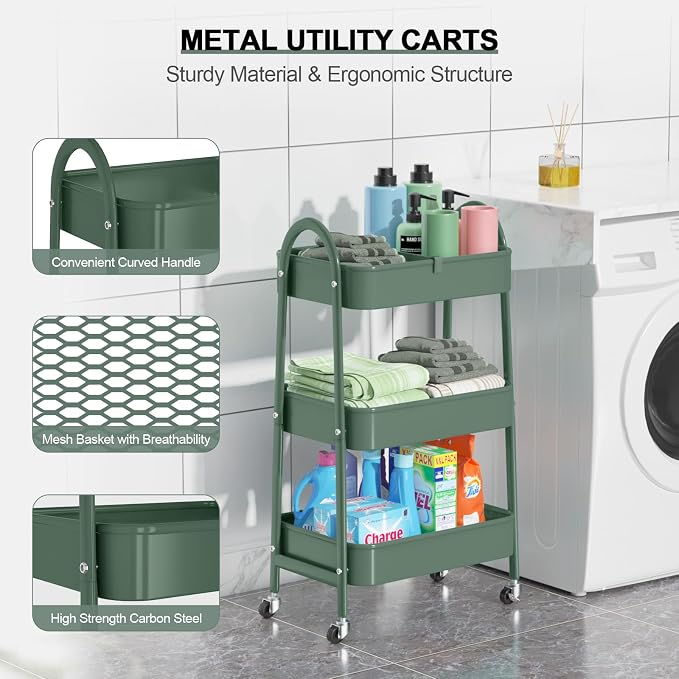 3 Tier Utility Rolling Cart, Metal Storage Cart with Handle and Lockable Wheels, Multifunctional Storage Organizer Trolley with Mesh Baskets for Kitchen, Living Room, Office, Garage (Jungle)
