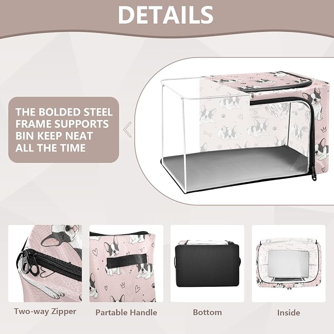 Cute Pet Dogs Pink pattern Under Bed Storage Containers with Double Zipper Openings, Foldable Clothes Storage Bins with Clear Window and Handles for Comforters Blankets Bedding