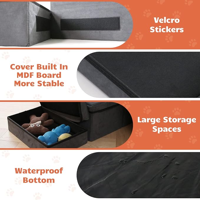 Foldable Dog Stairs with Storage | 2-Step Non-Slip Pet Steps for High Beds and Couch, Hidden Storage Dog Ladder for Small & Medium Dogs, Cats, Grey