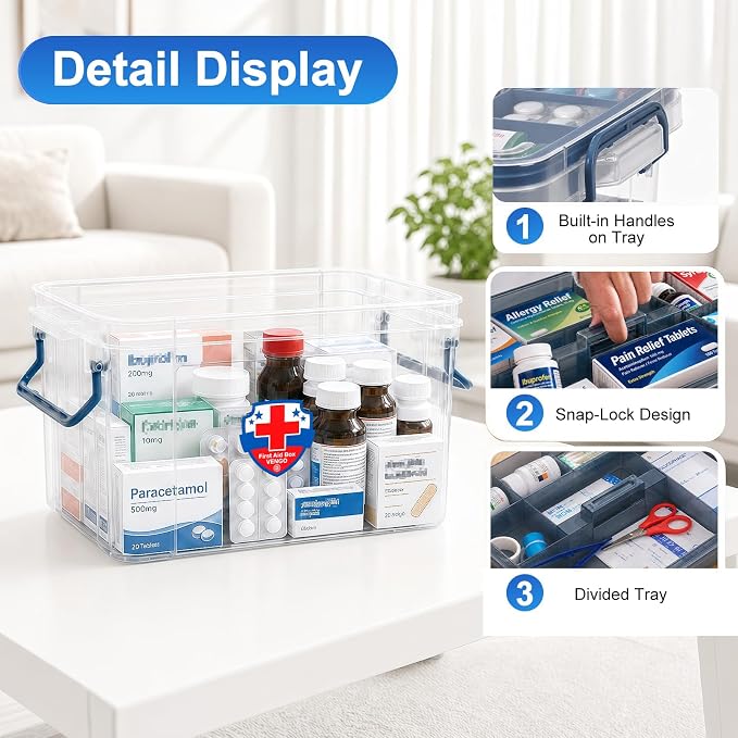 2 Pack Clear Medicine Organizer Box with Handle, Plastic Medicine Container with Tray First Aid Box Empty, Thickened Medicine Storage Organizer Multipurpose Medication Organizer Storage, Blue