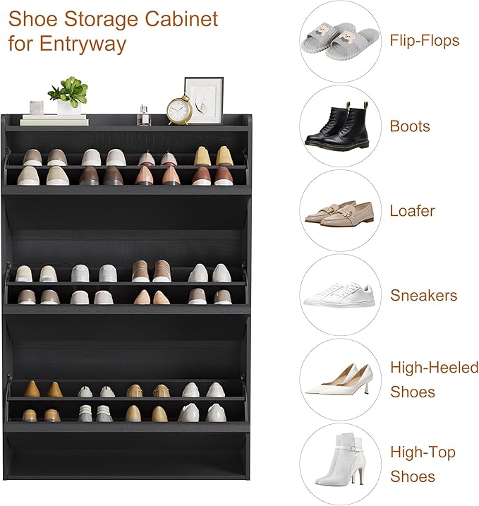 GarveeHome Shoe Cabinet with 3 Flip Drawers, Wooden Shoe Organizer Cabinet with Adjustable Shelf, Shoe Storage for Entryway, Hidden Shoe Cabinet for Hallway, Living Room, Black