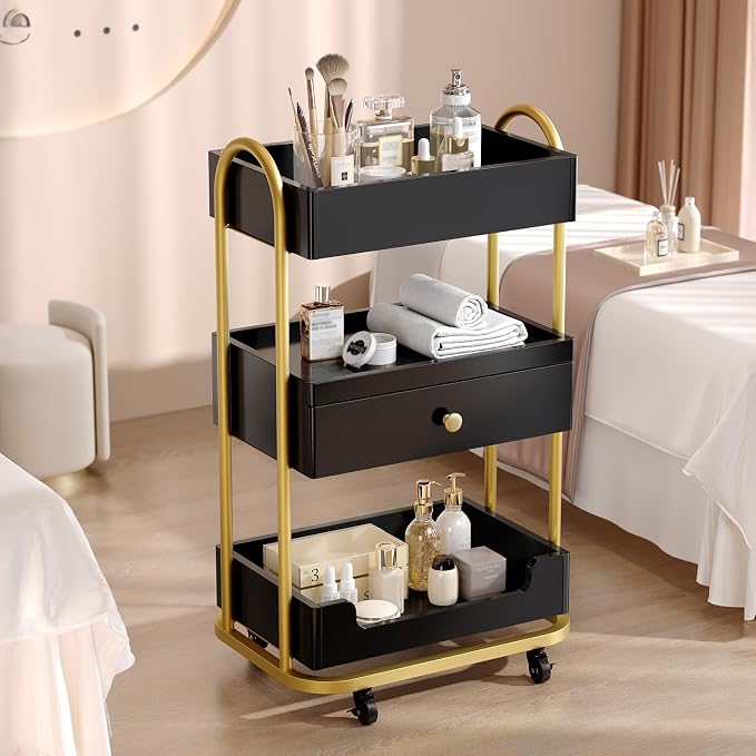 OmySalon Salon Trolley Cart, Hair Styling Station with 3 Trays & 1 Drawer, 2 Lockable Wheels, Esthetician Cart Mobile Storage Cabinet for Beauty Spa Barbershop, Black