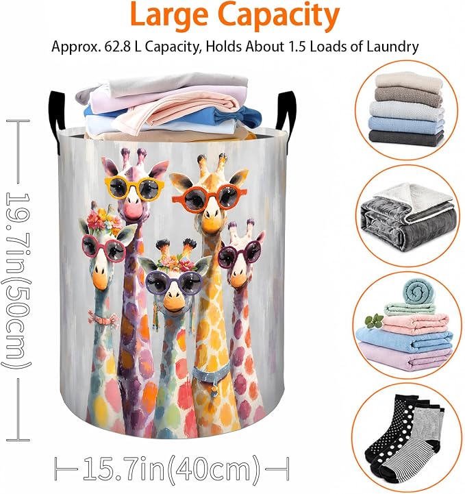 Cute Giraffe Laundry Basket, Colorful Animal Sunglasses Oxford Cloth Dirty Clothes Collapsible Hamper for Room Decor, Safari Gifts, Toy Organizer 19.7 x 15.7 Inches for Bedroom Bathroom Dorm