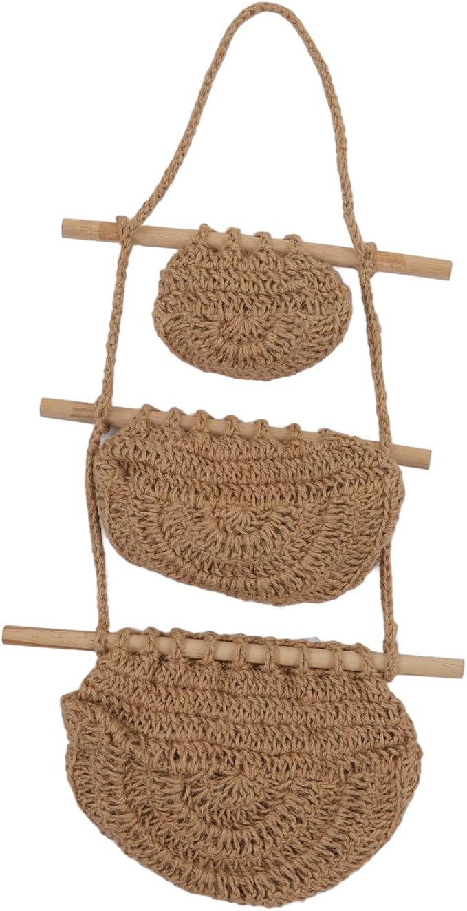 3 Tier Hanging Fruit Basket, Wall Mounted Hemp Rope and Wood Organizer, Handcrafted Over The Door Storage for Toys Pet Plush Dolls Kitchen Bathroom Living Room