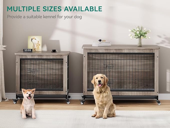 YITAHOME 27" Dog Crate Furniture with Wheels, Cushion & Tray | Dog Kennel Indoor End Table with Double Doors for Small Dog, Gray