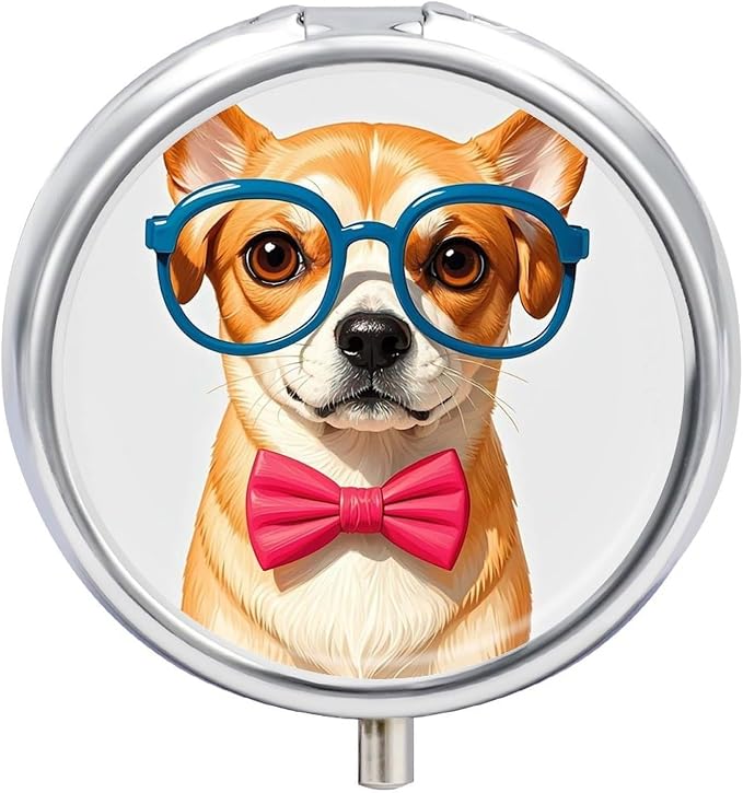 Pet Dog Soft Bow Tie, Oversized Glasses Pill Case with 3 Compartment Portable Daily Pill Organizer for Pocket Purse Round Travel Pill Box Fish Oil and Supplement Storage Box
