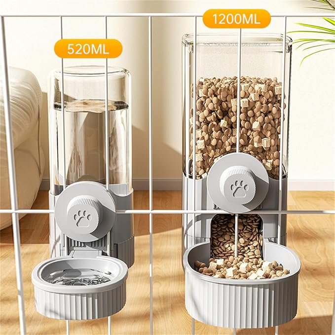 Cage Hanging Bowl Refillable Food Bowls Pet Dog Cat Bowls Kennel Crate Double Bowls for Food and Water with Automatic Water Food Dispense Feeder for Puppy Cat Rabbit (Food Bowl- Grey)