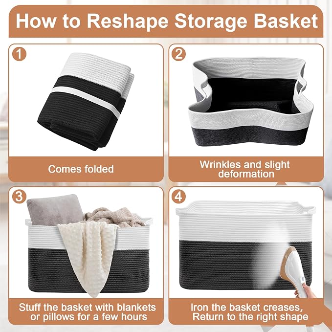 75L Large Blanket Storage Basket with Handles - White & Black | Extra-large clothes storage bin. Soft cotton, foldable, washable.Holds blankets, pillows for living room, bedroom, dorm.