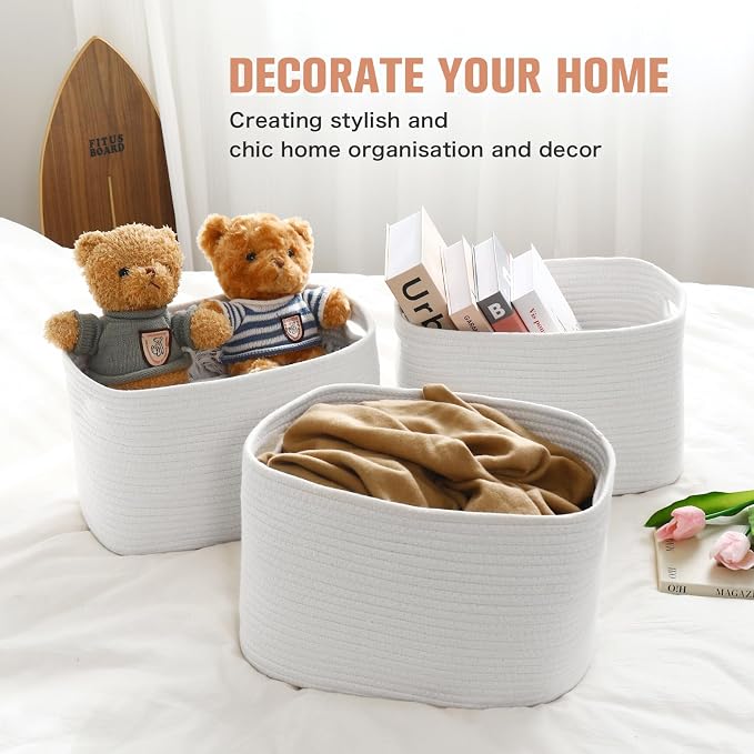 ECDYQXVU 15x10x9 Inch Woven Cotton Rope Storage Basket, 3 Pack | Foldable Design, Built-in Handles, Space-saving Organizer for Living Room, Bedroom, Laundry, Shelves, Clothes, Towels