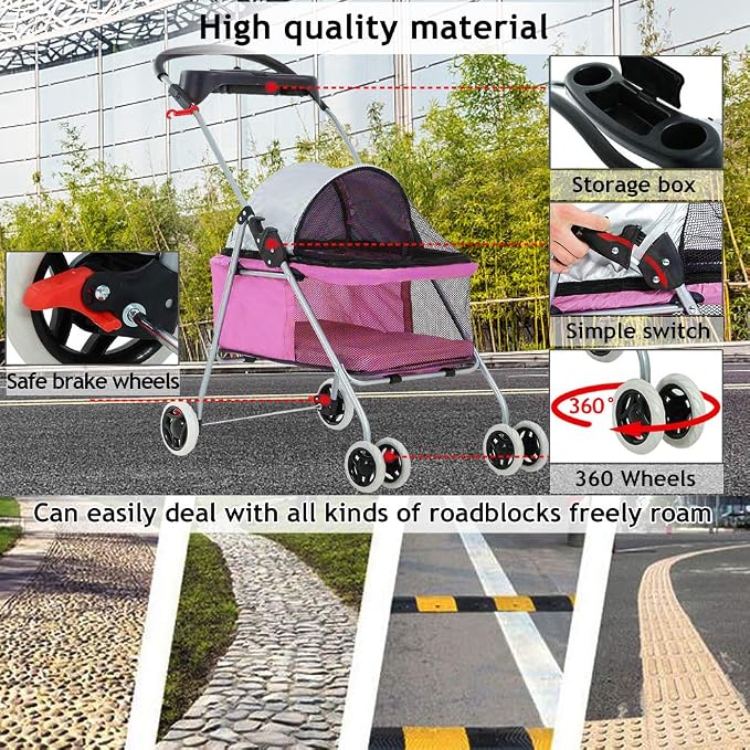 4 Wheels Pet Stroller,Dog Cage Protable Travel Folding Carrier Cart Waterproof Buggy Doggie Dog Stroller Jogger with Cup Holders for Small-Medium Pink